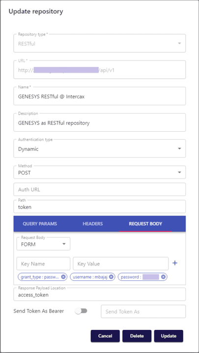 Form for updating GENESYS repository connection (url and password obscured)