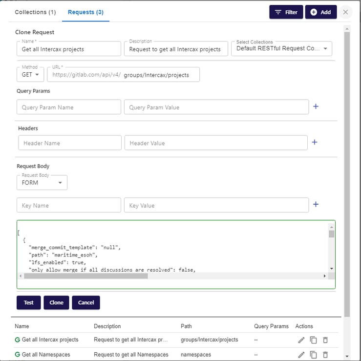 Formulating and testing the “Get all Intercax projects” request