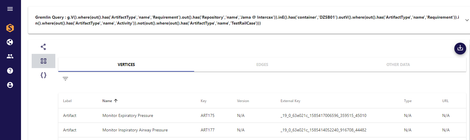 Figure 4 Gremlin query – Jama requirement – SysML requirement – SysML activity – NOT(TestRail Testcase), displayed as list of SysML activities