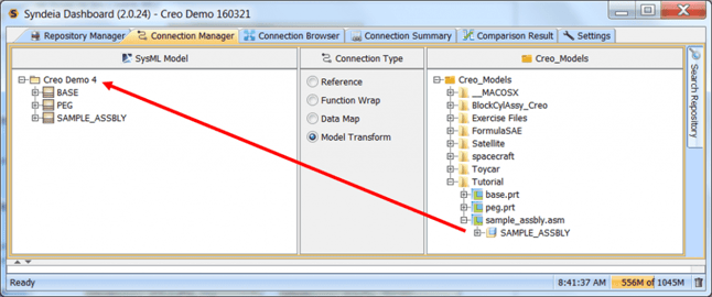 Figure 2: Syndeia dashboard, generating SysML blocks from Creo model using drag-n-drop