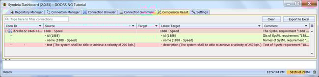 Figure 5: Comparison of SysML and DOORS NG requirements, after DOORS NG Speed requirement changed from 200 to 250 kph