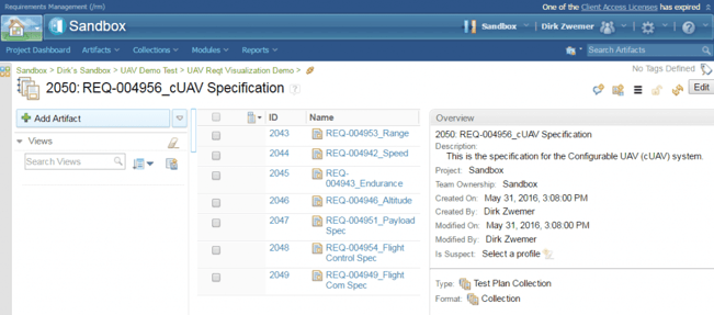 Figure 1: DOORS NG web interface opened to Requirement Collection cUAV_Specification