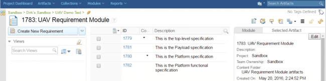 Figure 4: DOORS NG web interface opened to Requirement Module UAV Requirement Module