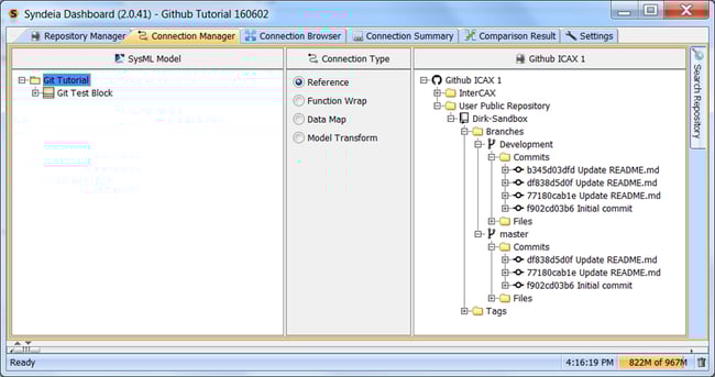 Syndeia dashboard, Connection Manager tab, for creating Reference connection to a commit