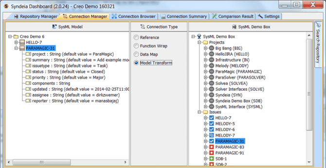 Figure 1: Syndeia Dashboard showing SysML model on left, JIRA repository on right