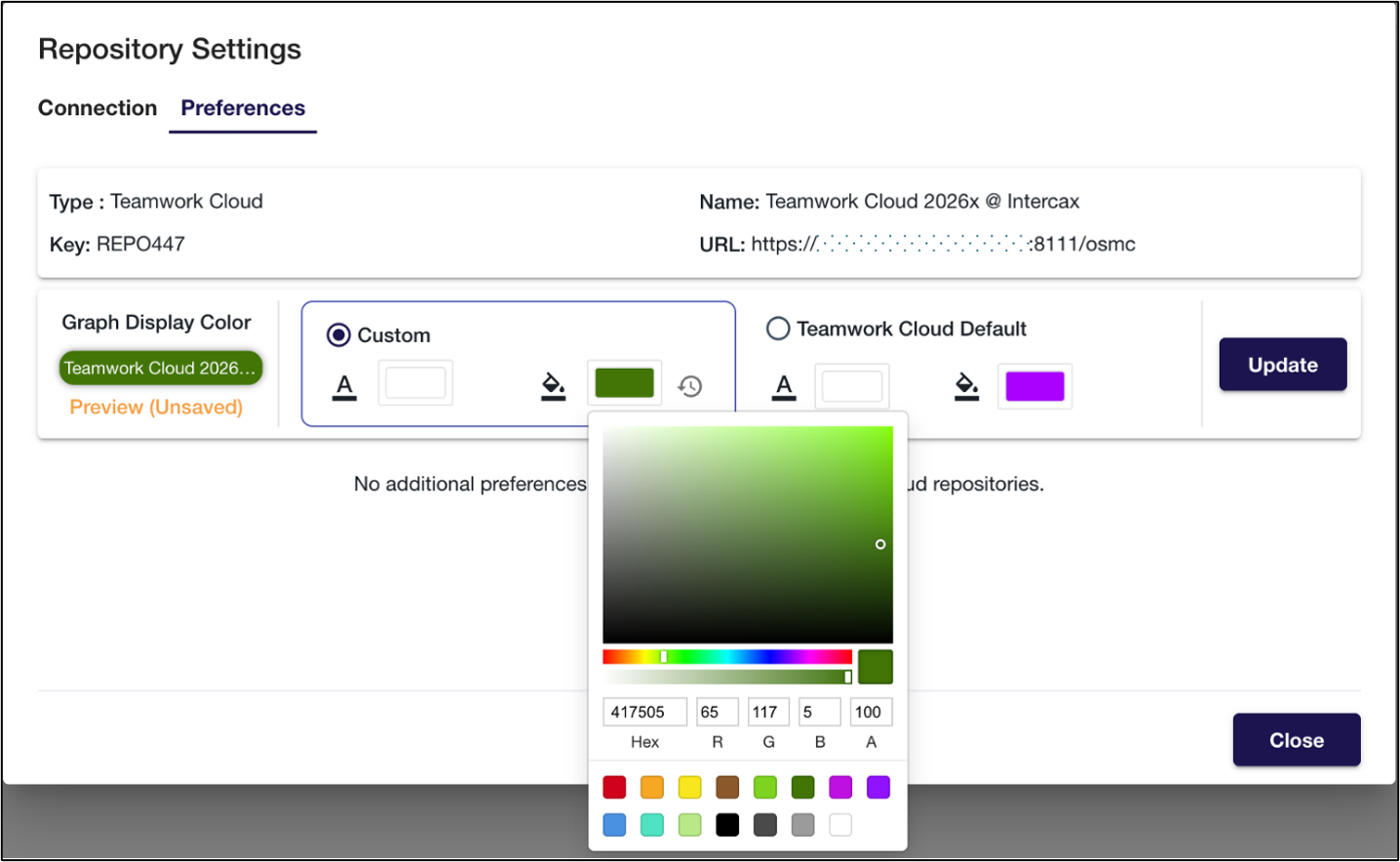 Figure 1 Repository Settings allows custom color selection for a specific repository, not just a repository type Windchill Tree Views