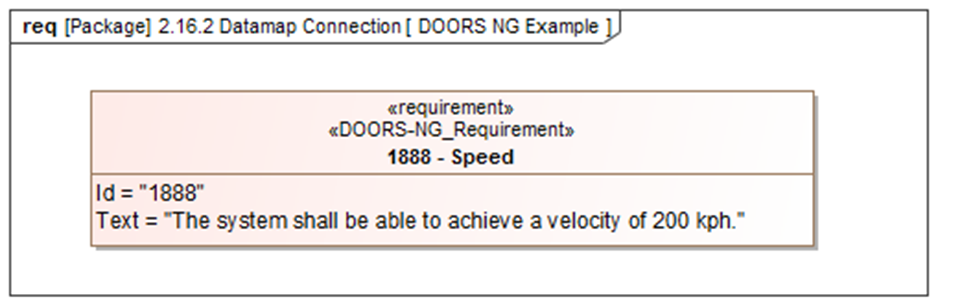 Figure 4: New Speed requirement in SysML showing Id and Text fields populated from DOORS NG Speed requirement