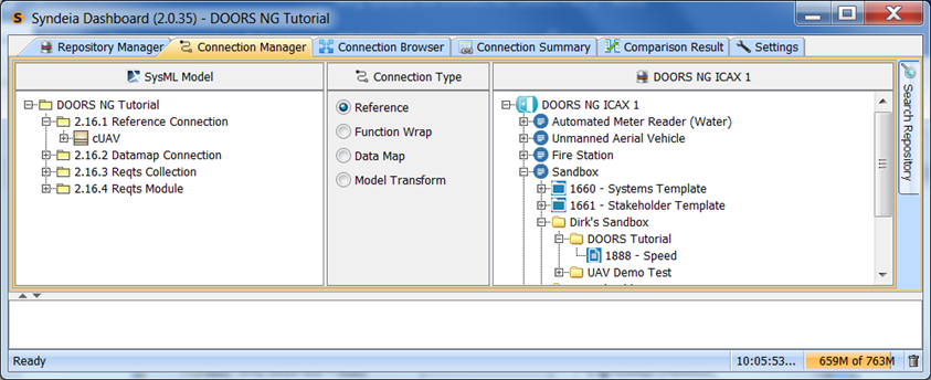 Figure 1 Syndeia Dashboard showing SysML model on left, DOORS NG repository on right
