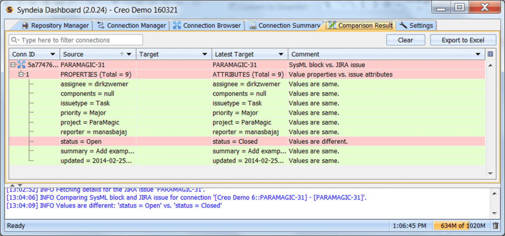 Figure 2: Comparison of SysML block and JIRA issue, after status property has been changed to Open in SysML